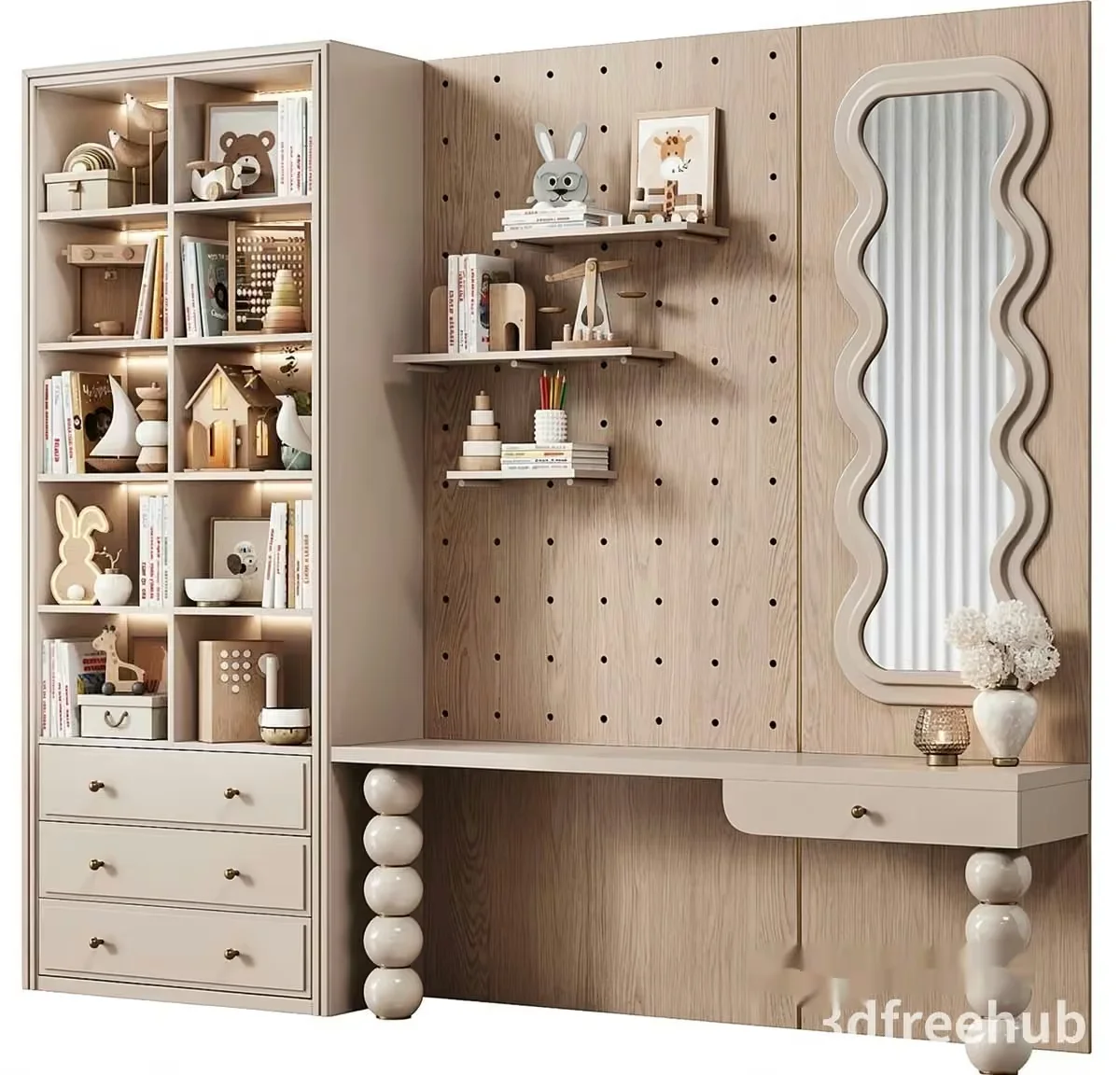 A Wooden Wall With Shelves And Drawers 3D Model – 23018 – VRAY Render
