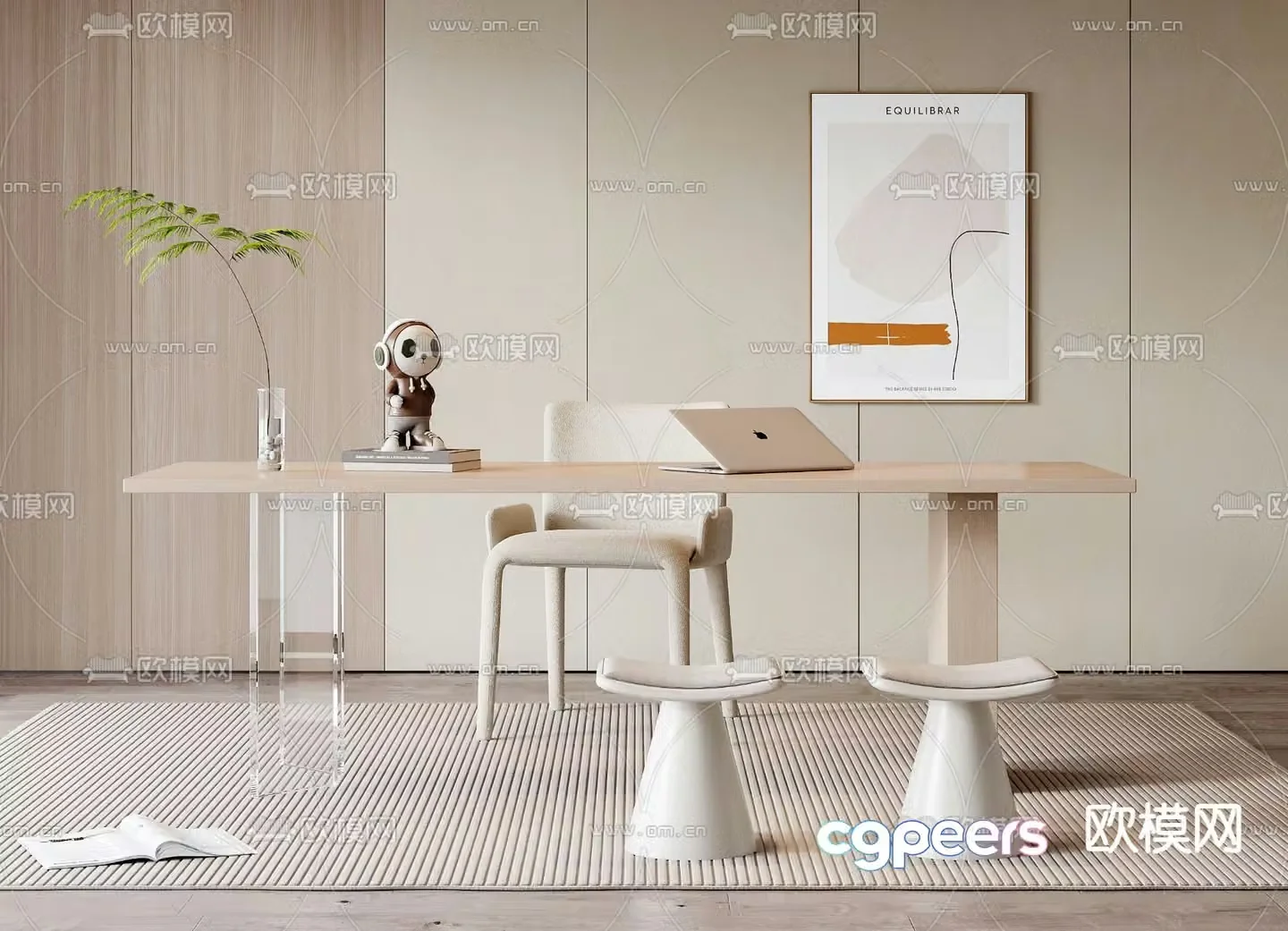 Cream style desk computer desk study table 3d model