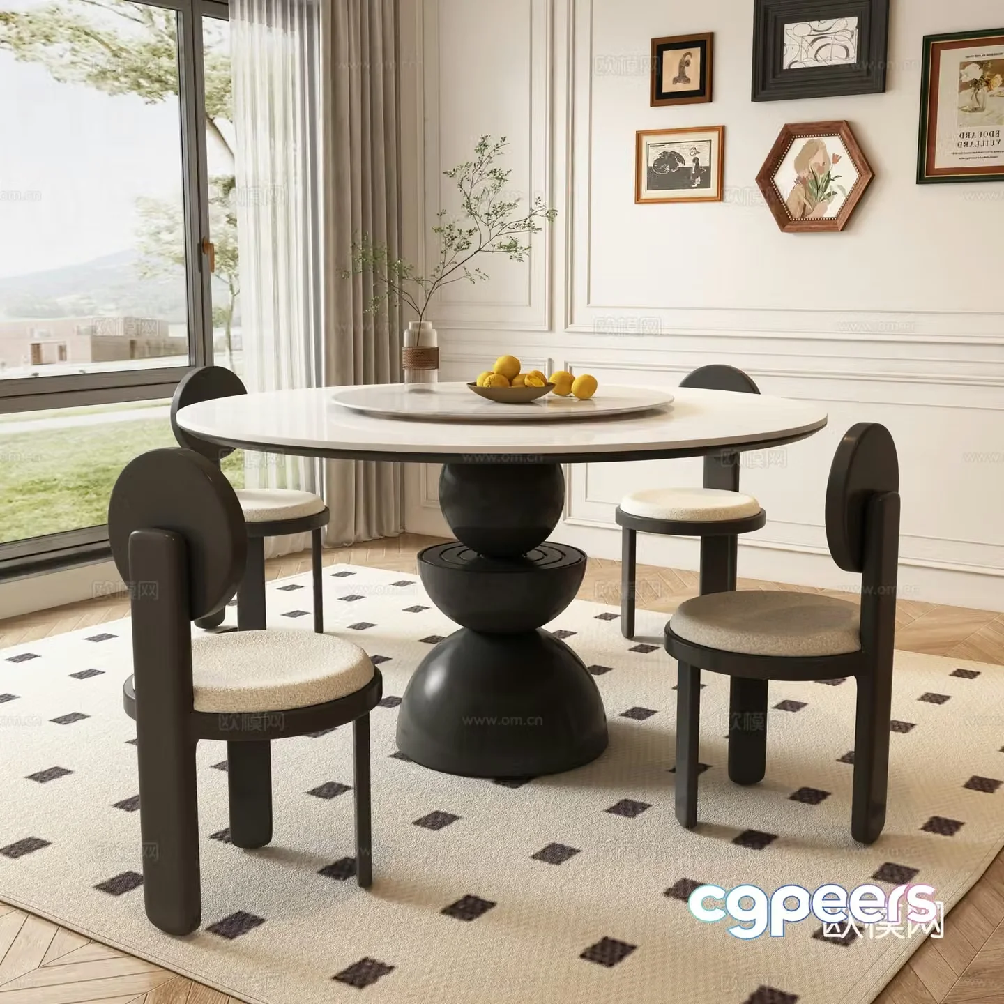 French round dining table and chairs 3d model