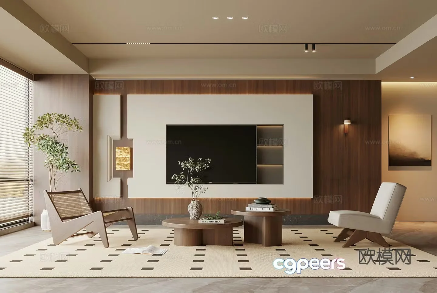 Living room medieval style living room TV background wall sofa coffee table combination 3D model