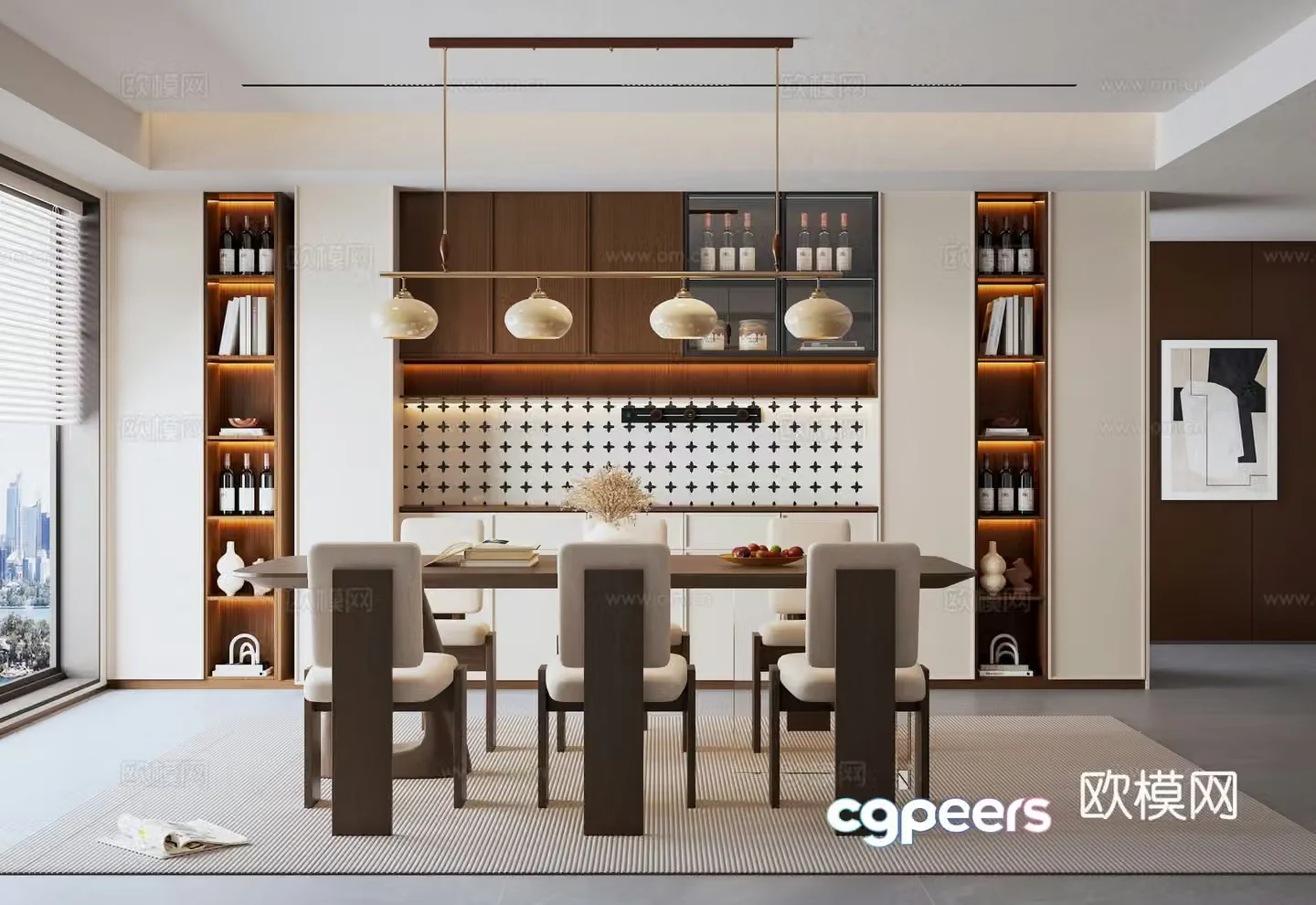 Middle style restaurant dining table and chair combination long dining table chandeliers sideboards decorative paintings 3D model