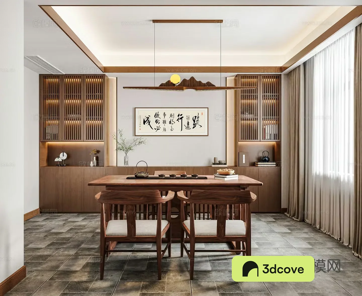 New Chinese style Chinese tea room Tea table and chair Chinese calligraphy and painting Tea room cabinet Tea set New Chinese style