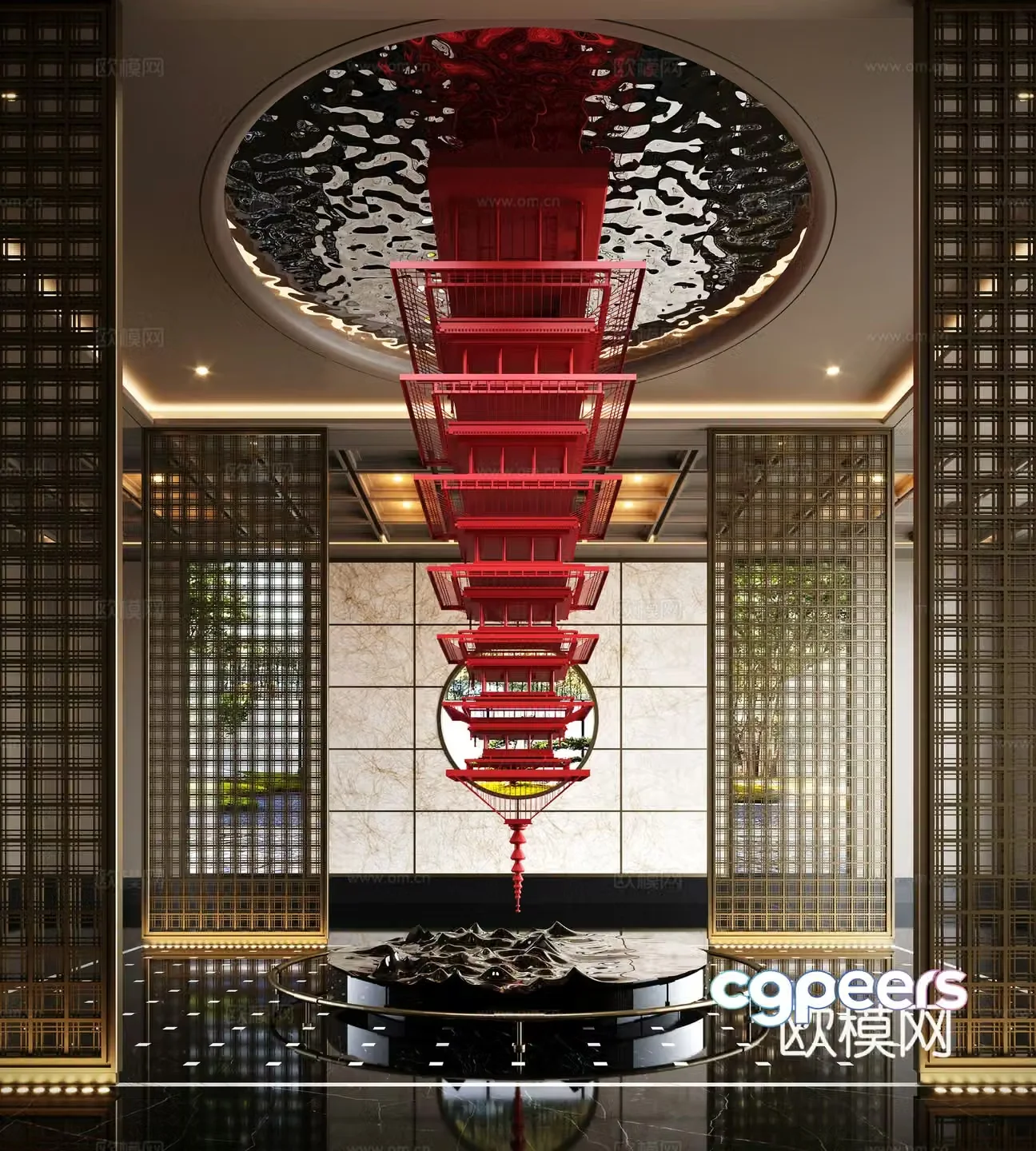 New Chinese hotel art installation screen partition sculpture installation upside down device 3D model