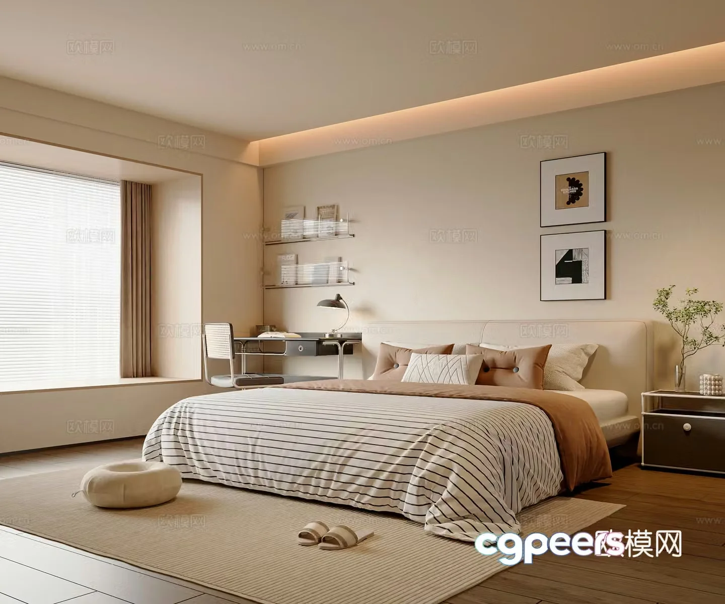 Modern creamy bedroom master bedroom double bed desk chair hanging painting bookshelves 3d model