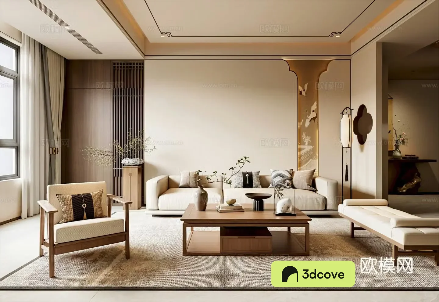 New Chinese Song style living room sofa background wall sofa coffee table combination partition