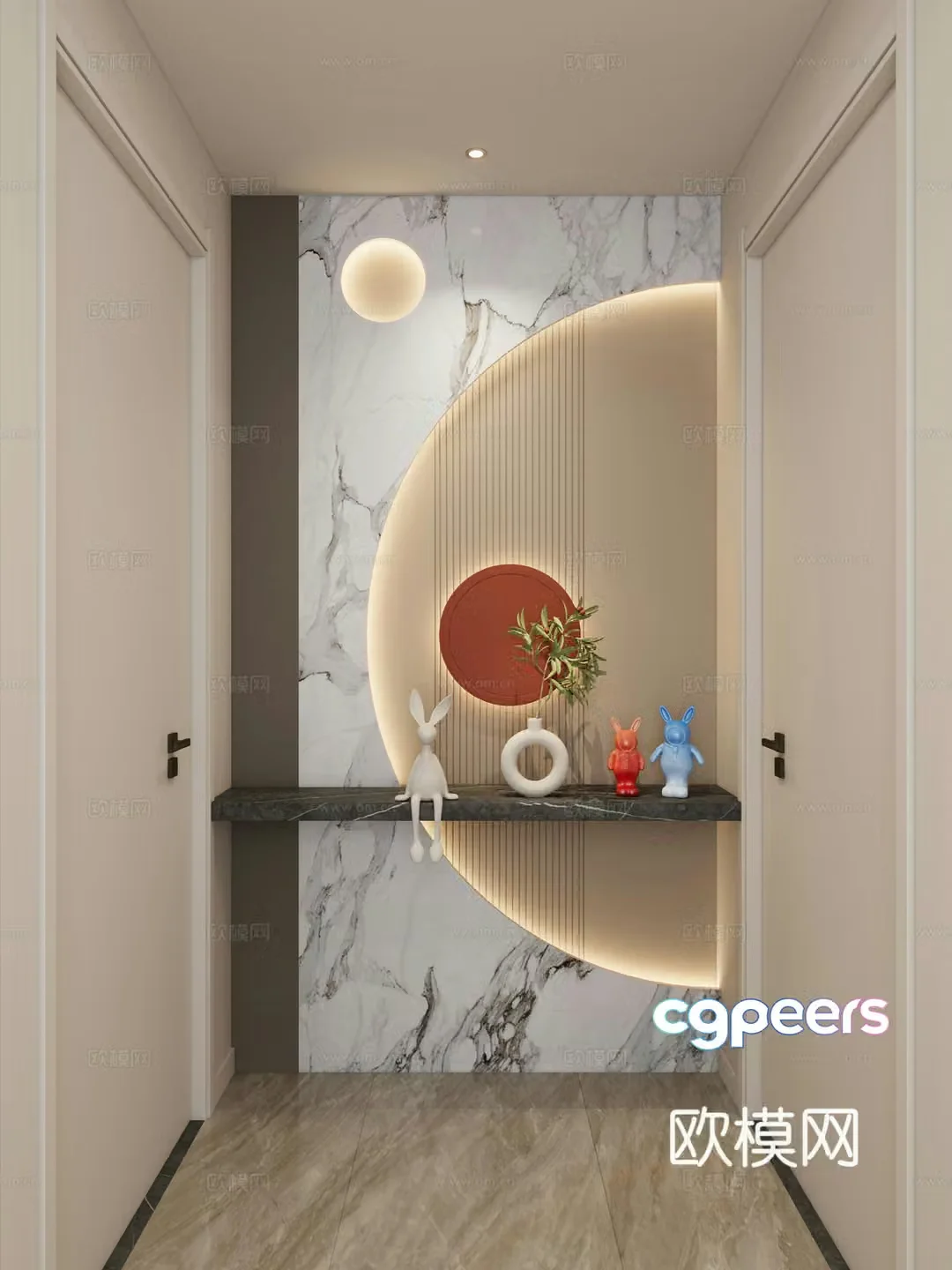 Cream Simple Style Curved Shape Hermes Orange Grid Board Corridor End View Entrance Entrance 3D Model
