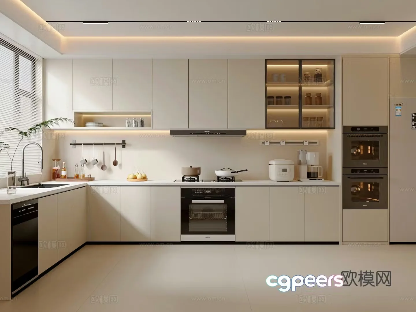Creamy Kitchen Cabinet Refrigerator Kitchen Appliances Kitchen Supplies 3D Model