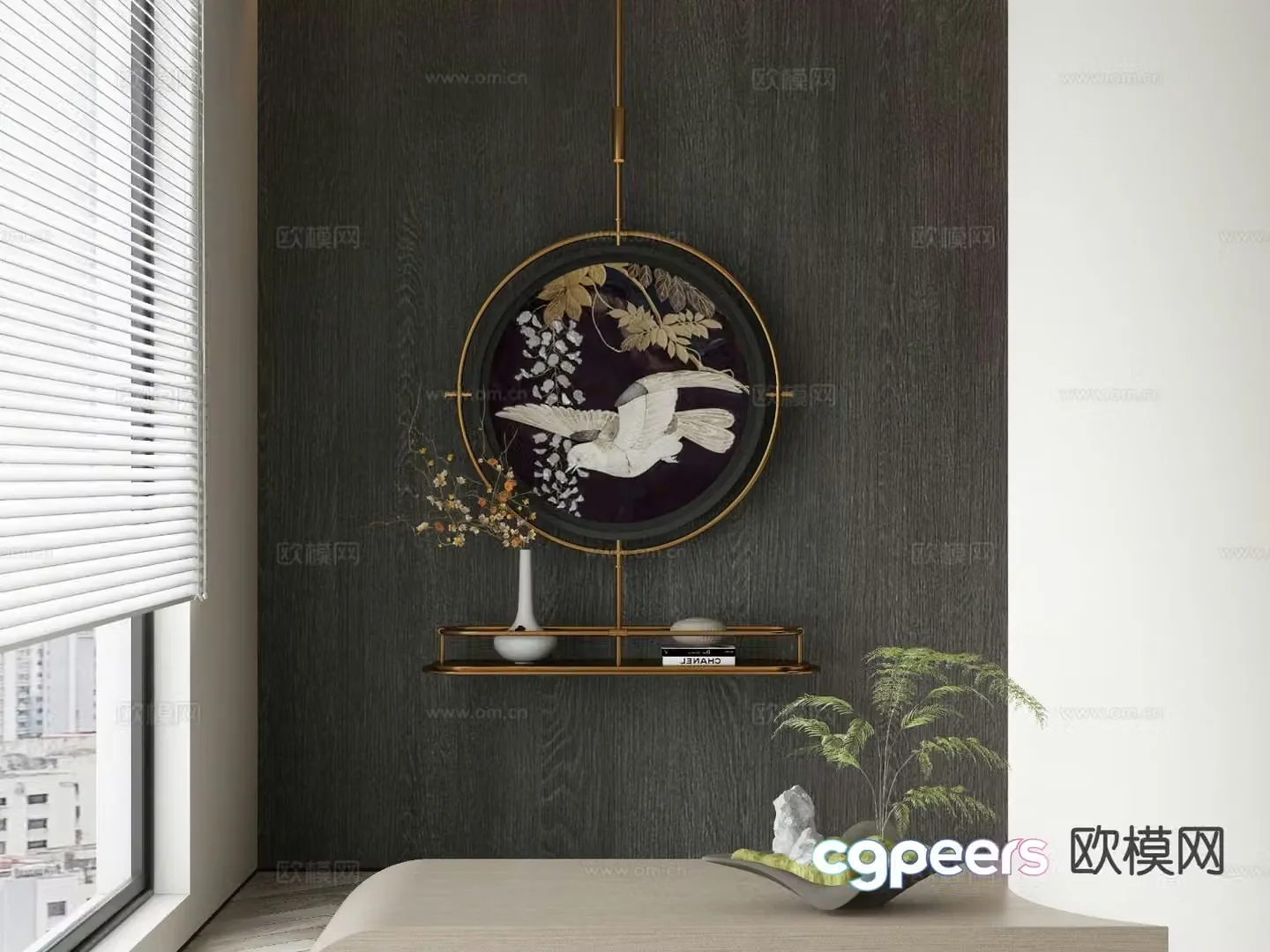 New Chinese style round hanging painting black and white painting decorative painting 3d model