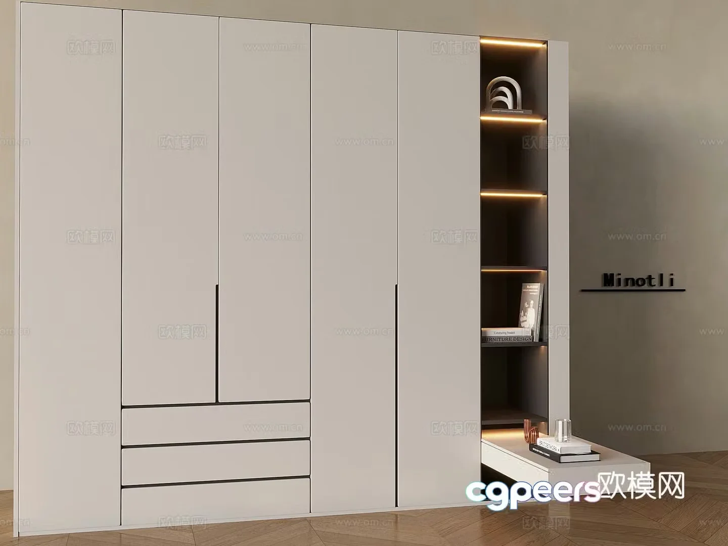 Nordic cream windbreaker solid wood wardrobe desk integrated 3D model