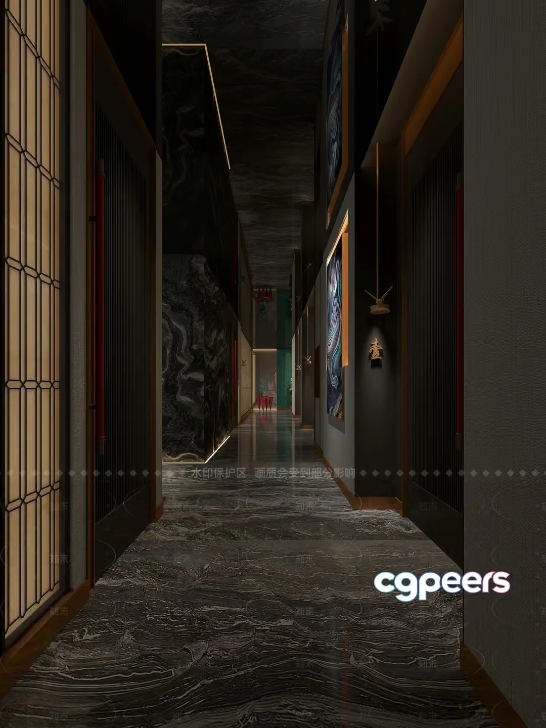 A Long Hallway With Dark Marble Walls And Floors 3D Model – 19239 – VRAY Render