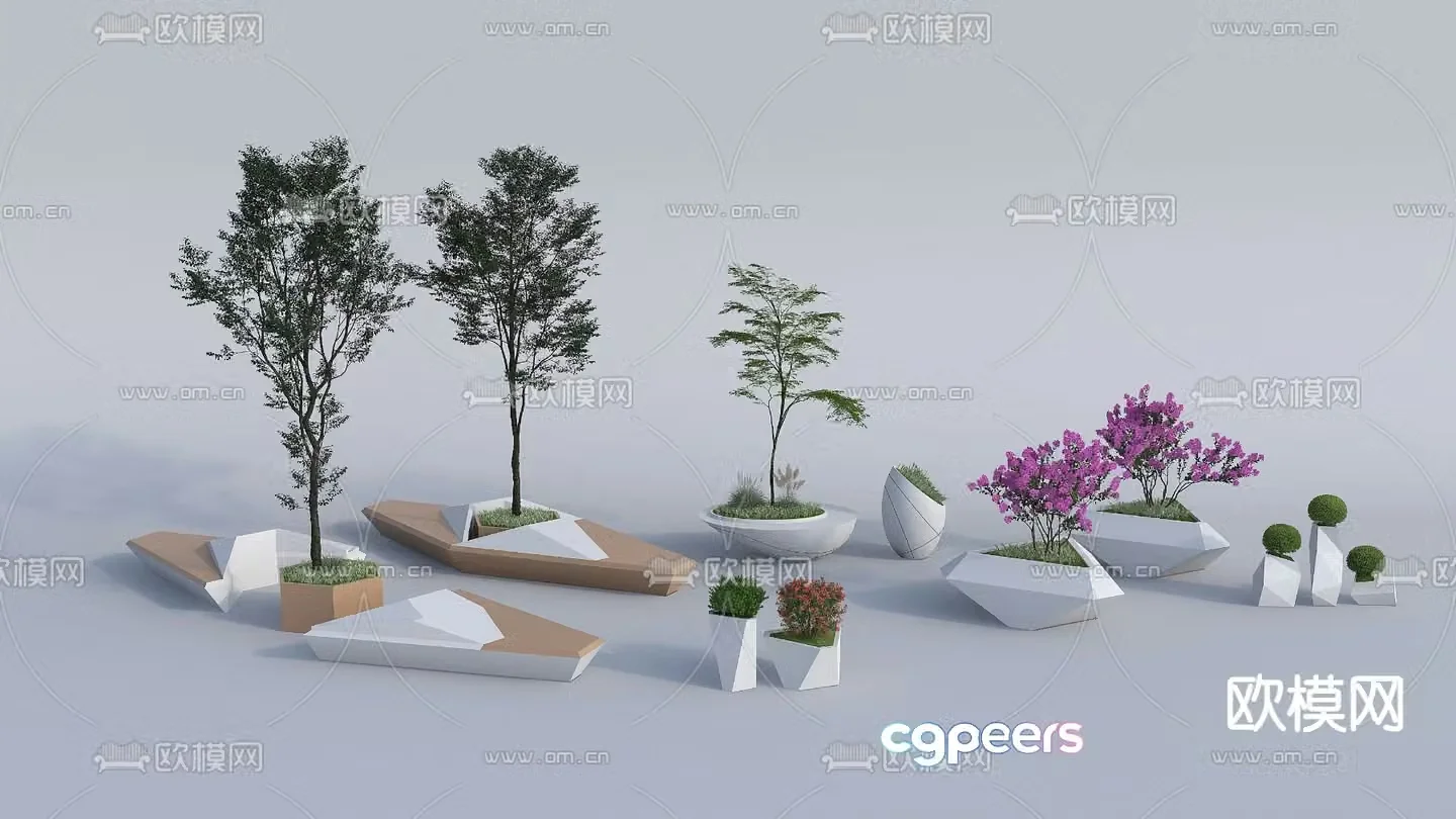 Outdoor flower bed tree pool chair landscape green plant 3D model
