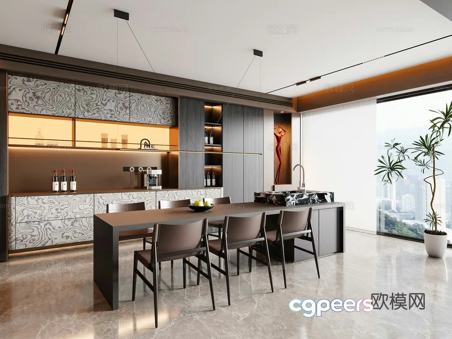 Modern Italian restaurant island dining table and chair chandeliers wine cabinet sideboard 3D model