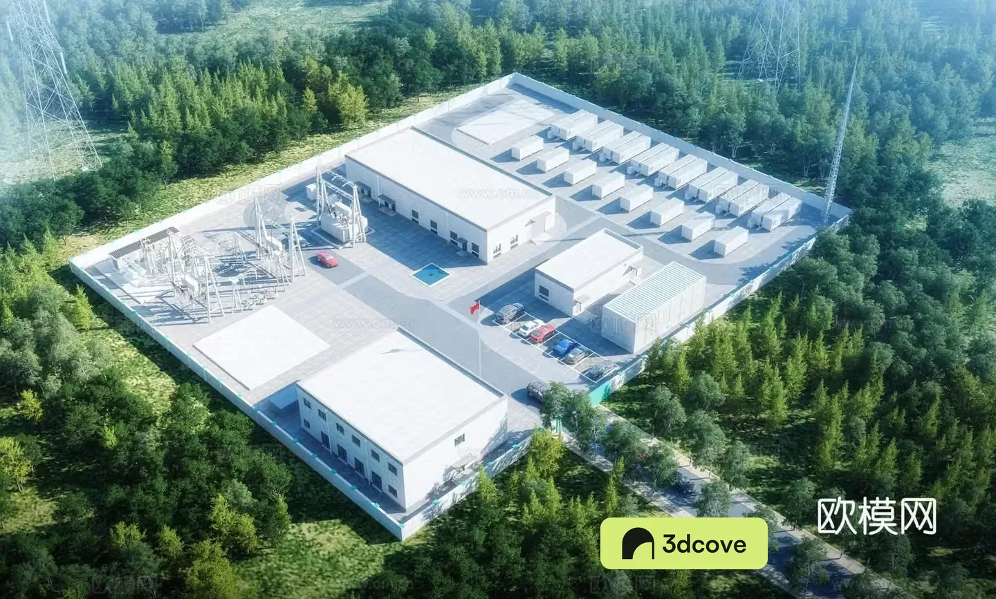 Aerial view 3d model of modern substation power plant