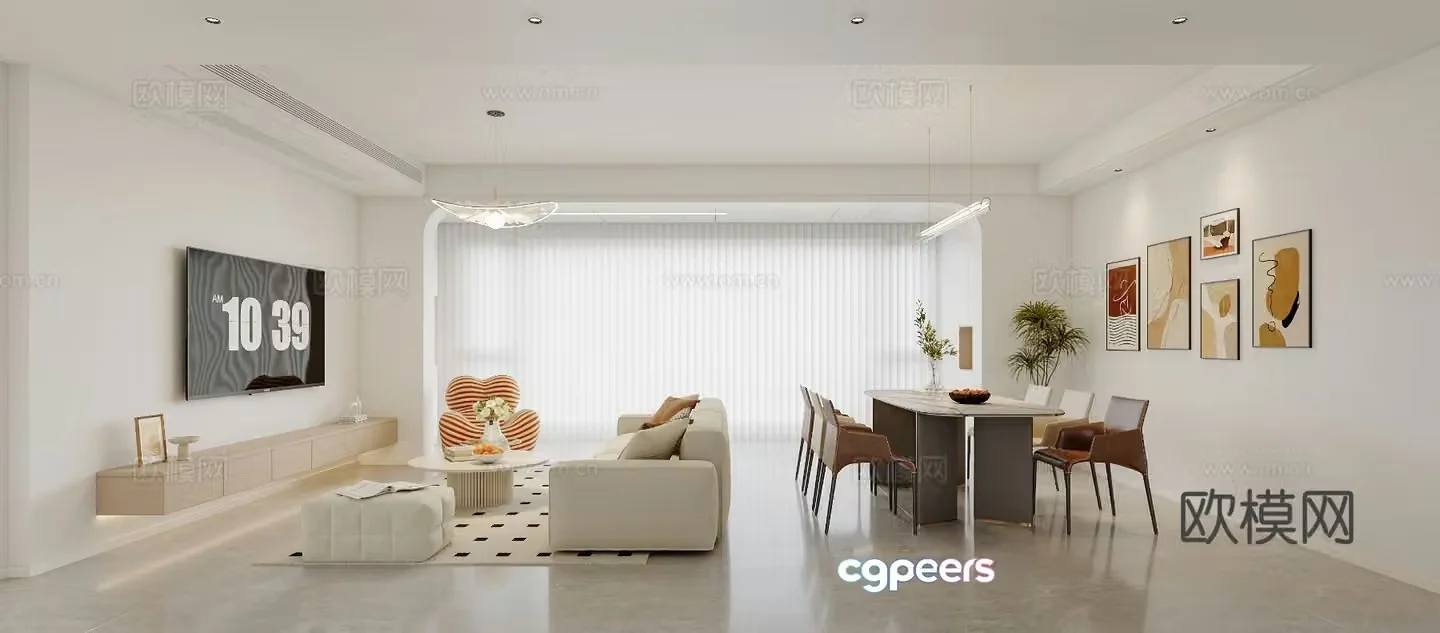 Cream style horizontal hall living room 3D model
