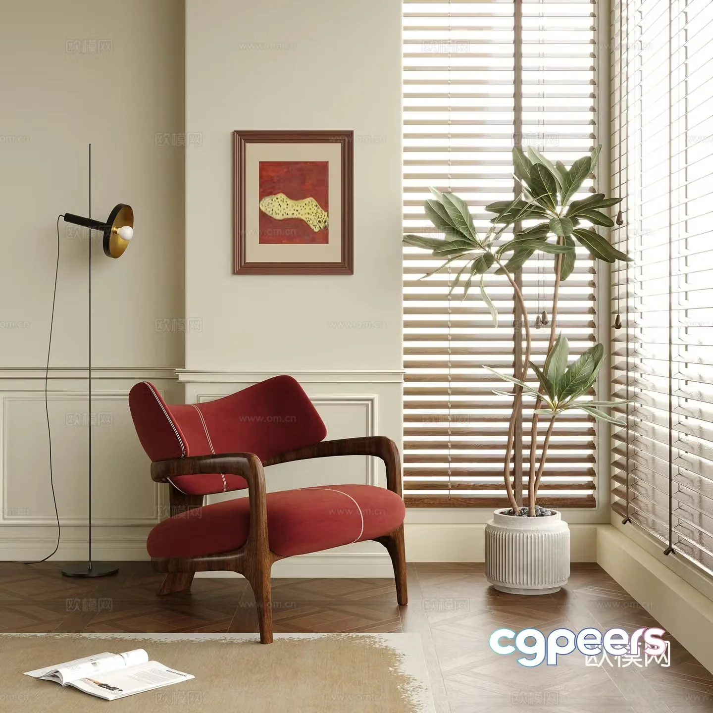 Modern leisure chair single chair floor lamp green plant potted plant 3d model