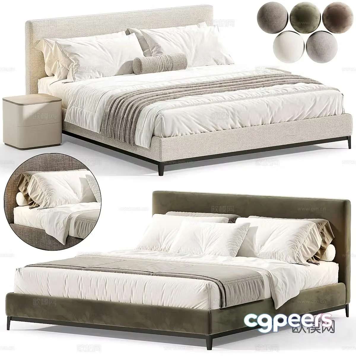 Modern Italian cream style fabric double bed 3d model