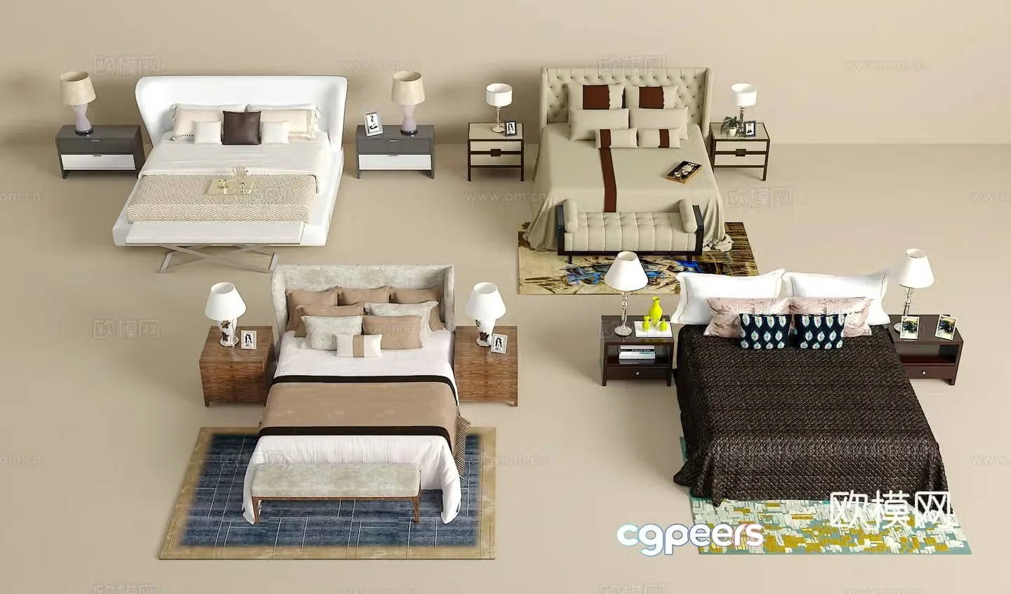 Double bed combination bedside table jewelry ornaments desk lamp carpet pillow 3D model