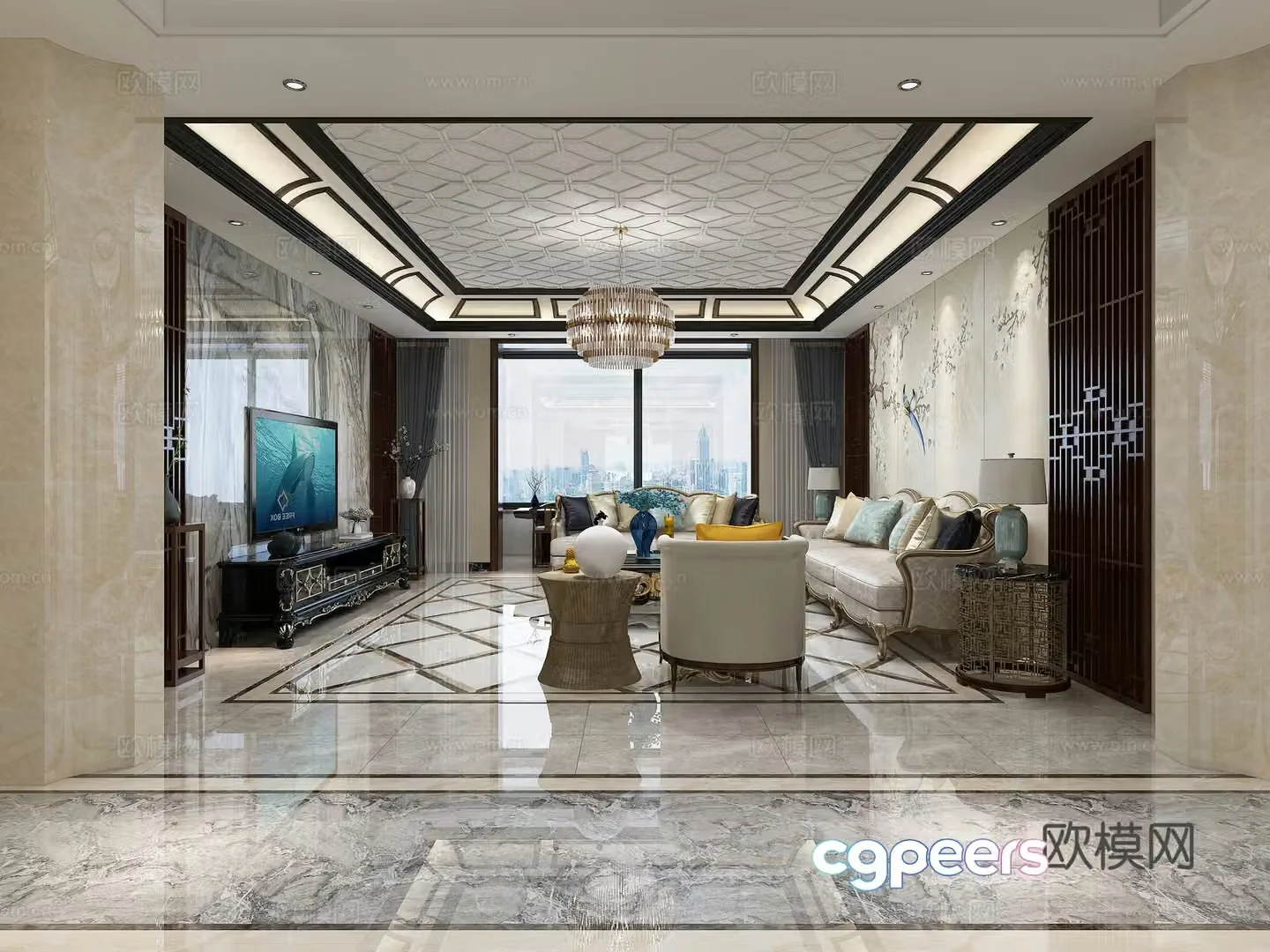 New Chinese style living and dining table chair sofa coffee table chandeliers desktop ornaments 3D model of hanging paintings