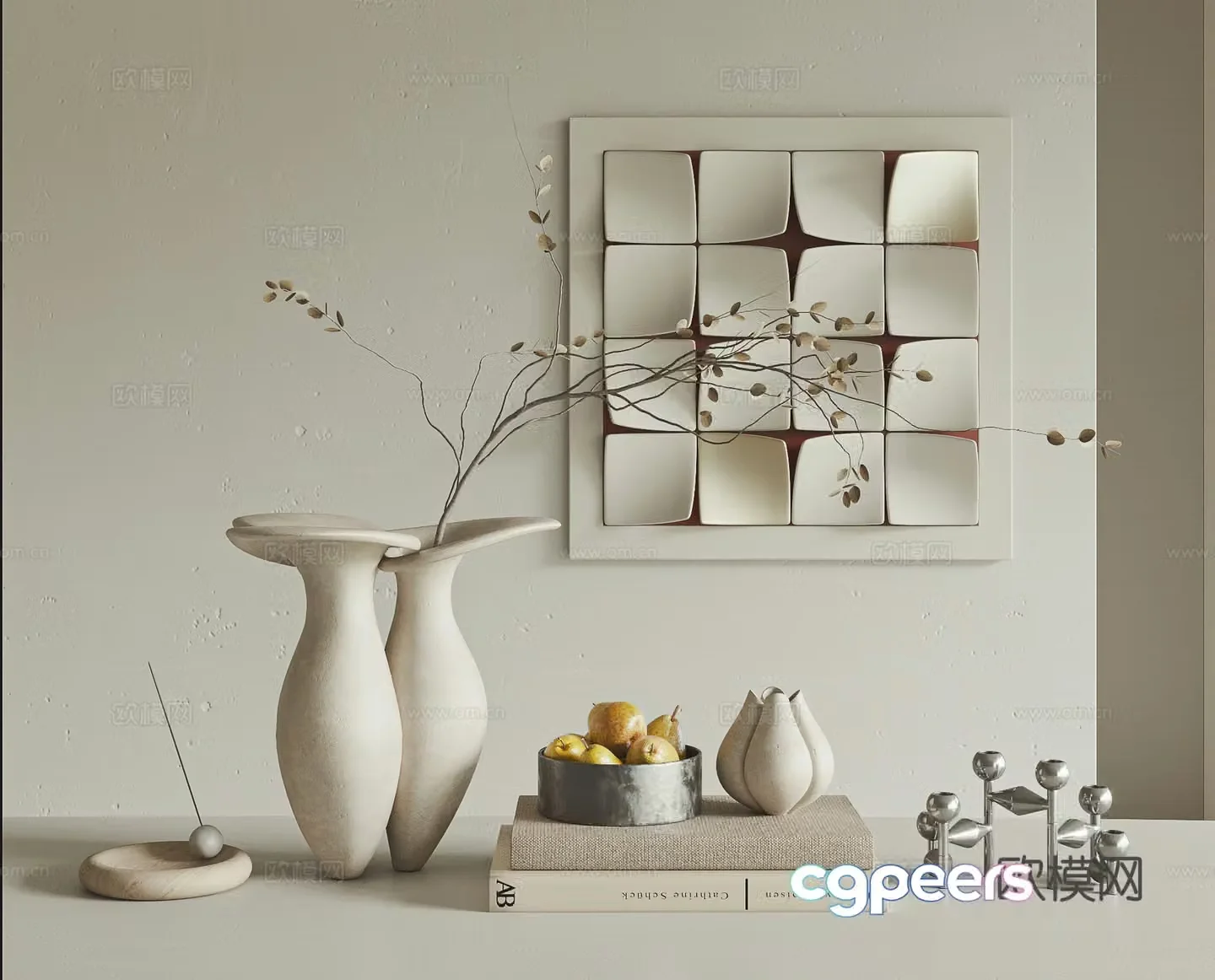 Wasabi wind ornament combination vase hanging painting fruit plate book candle three-dimensional painting furnishings 3D model
