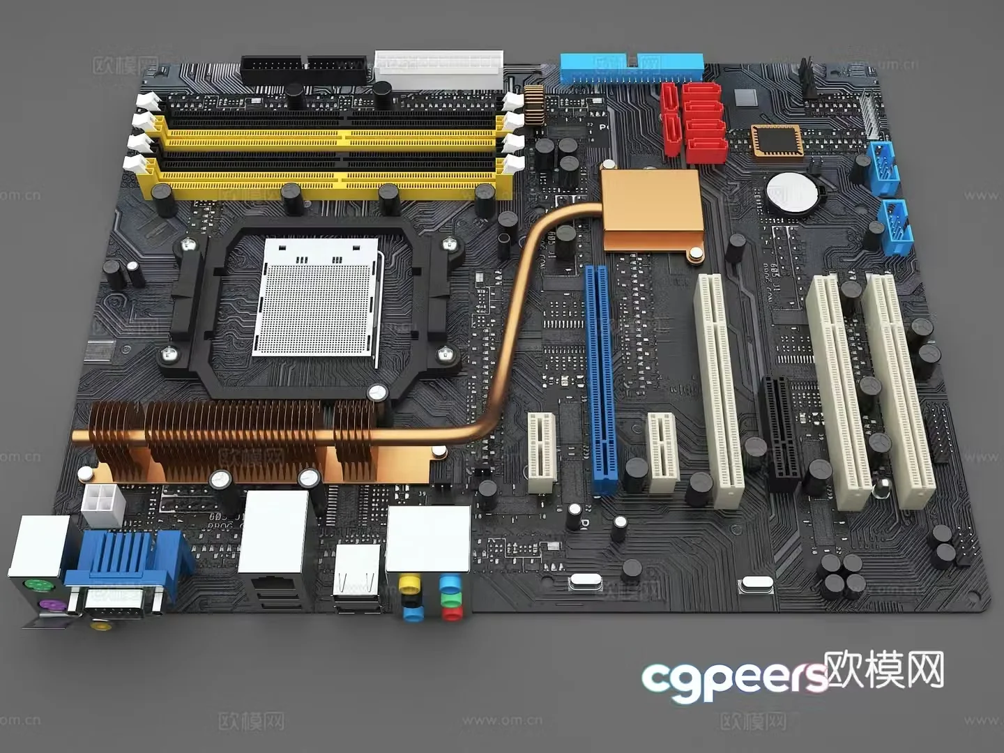 Computer motherboard chip slot memory slot 3d model