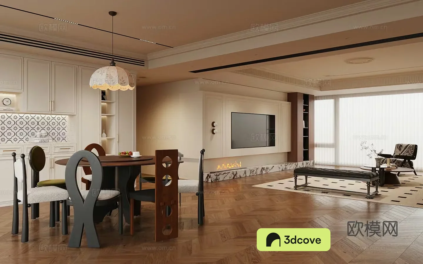 French medieval style living room dining table and chair wine cabinet TV background wall