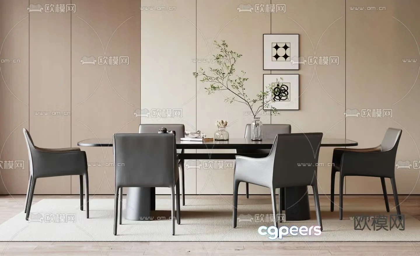 Long dining table and chairs 3d model