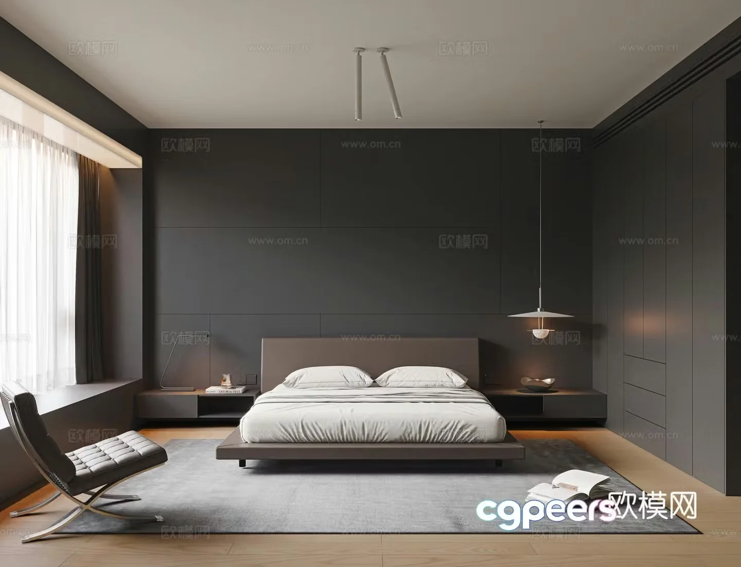 Modern minimalist bedroom Dark bedroom Master bedroom No main light bedroom Leather art double bed Suspension 3D model
