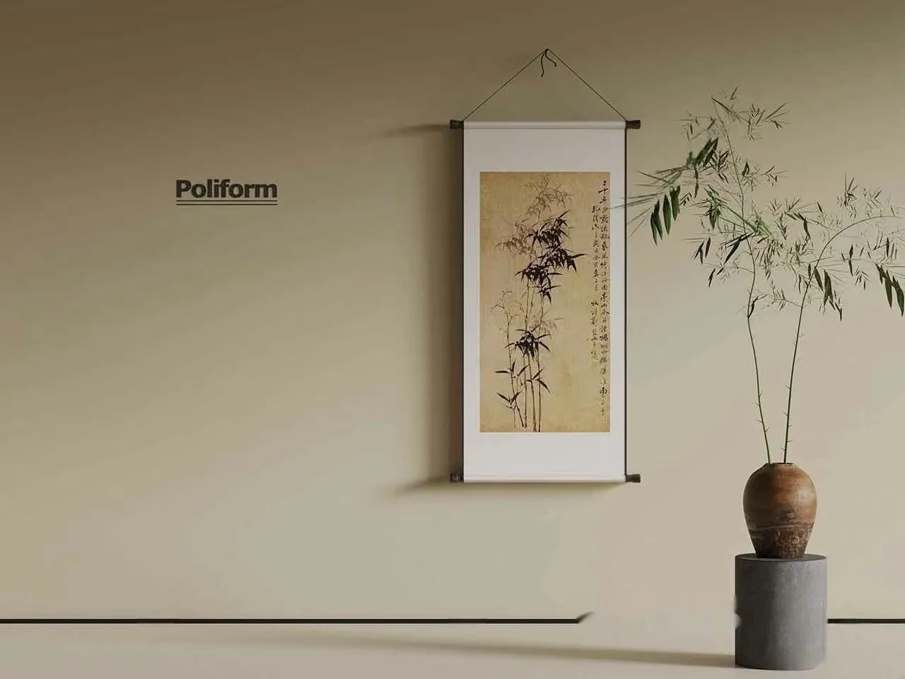 A Minimalist Room With A Hanging Scroll And A Vase 3D Model – 1802 – VRAY Render