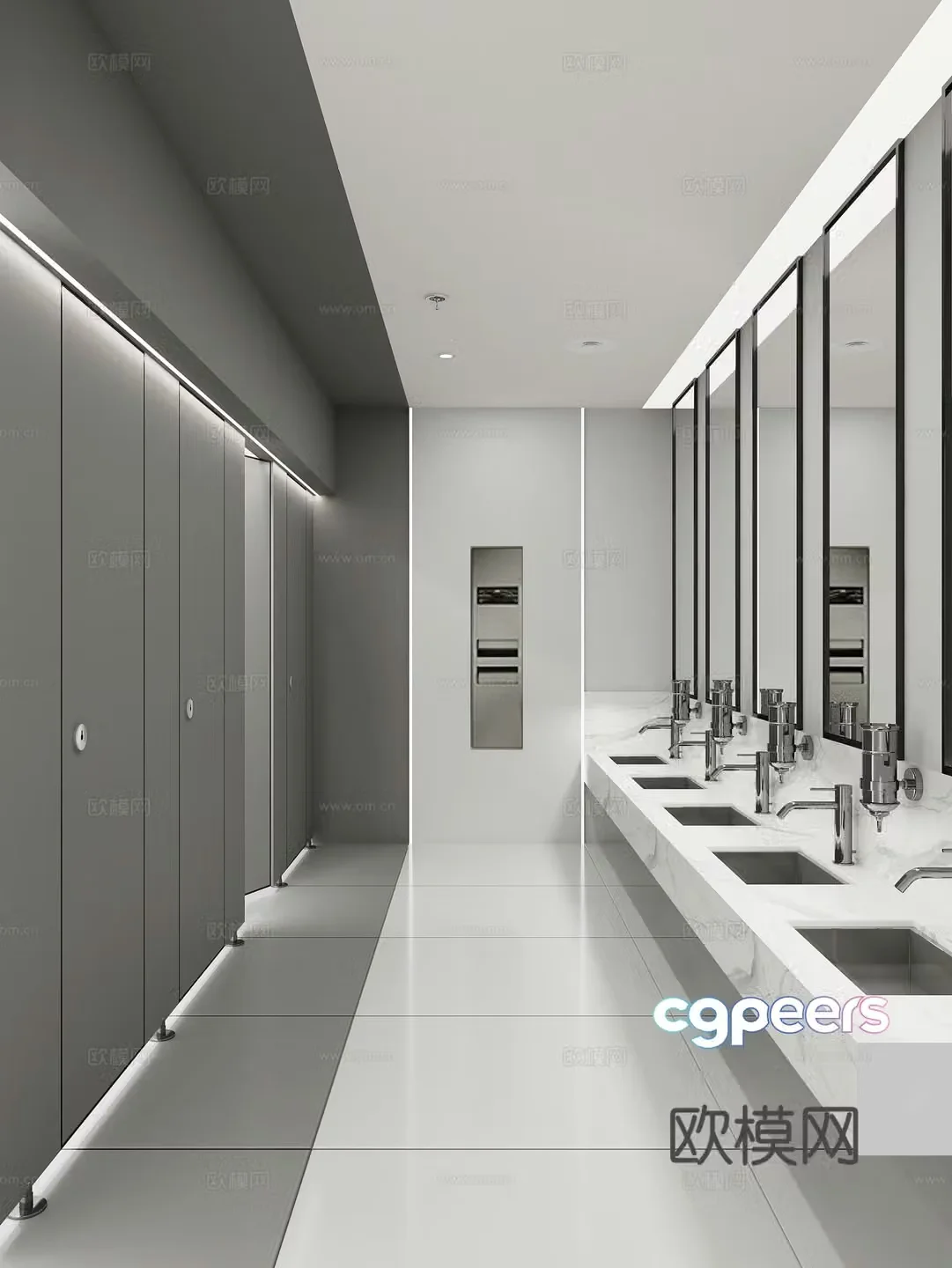 Modern black white and gray public bathroom 3d model