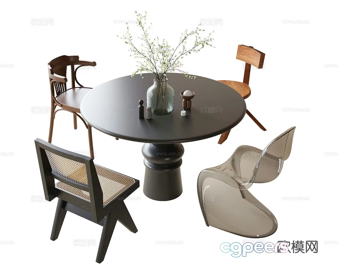 French dining table and chairs Single chair Dining chair Round dining table 3D model