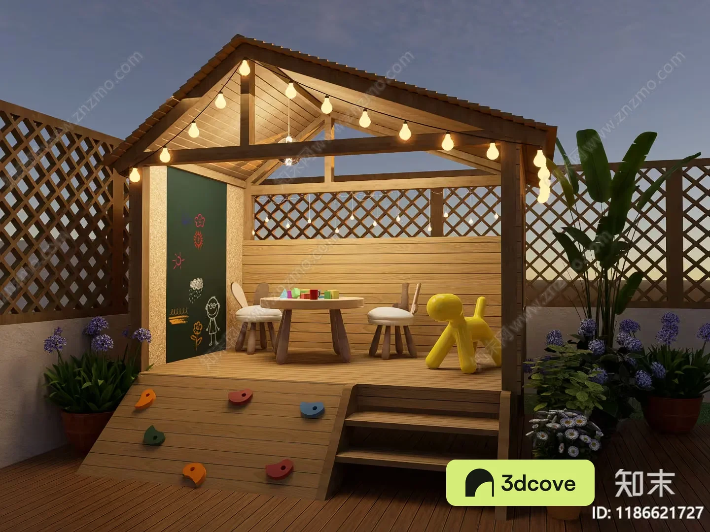 A Wooden Deck With A Playhouse