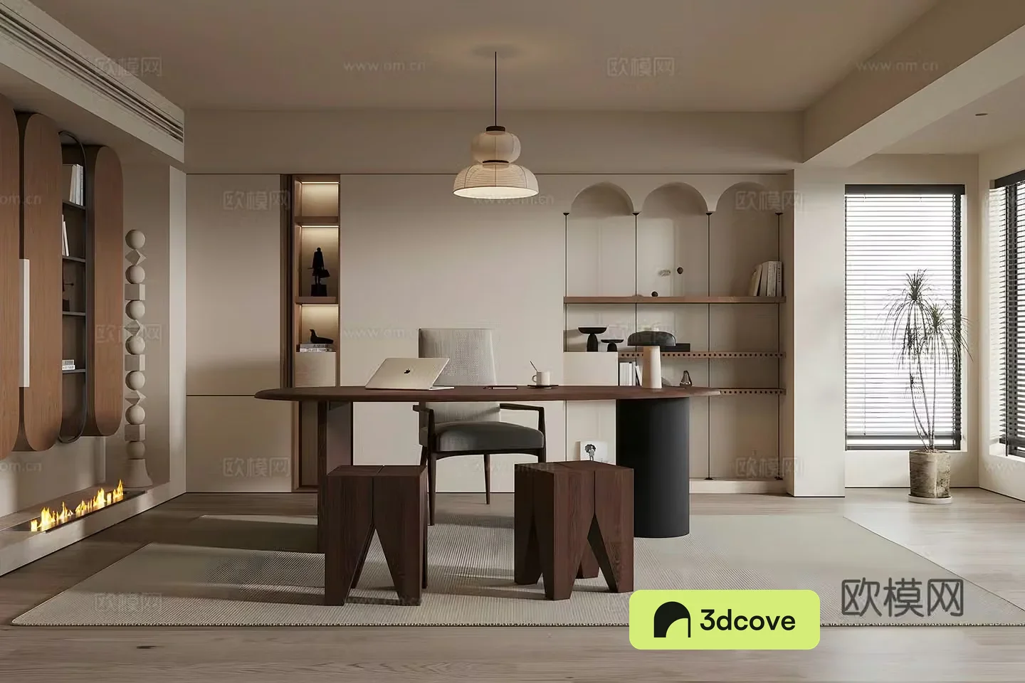 Middle-aged study room Middle-aged desk and chair cabinet wall cabinet bookcase desk ornament combination 3D model