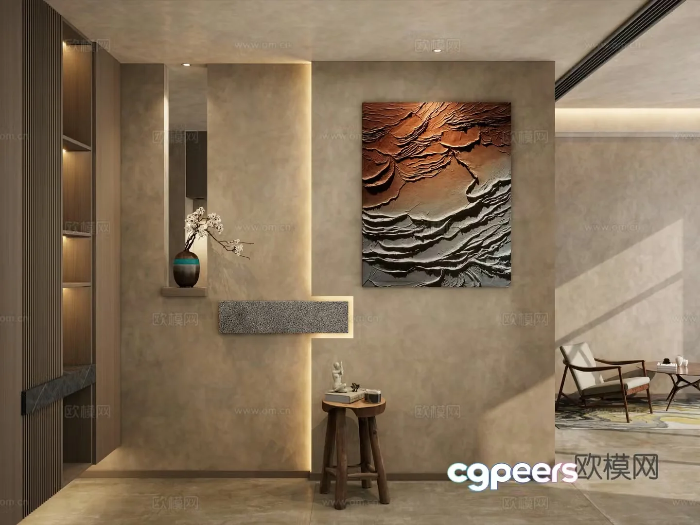 The silence wind Zen geometric light strip shoe cabinet landscaping vase end view entrance 3D model
