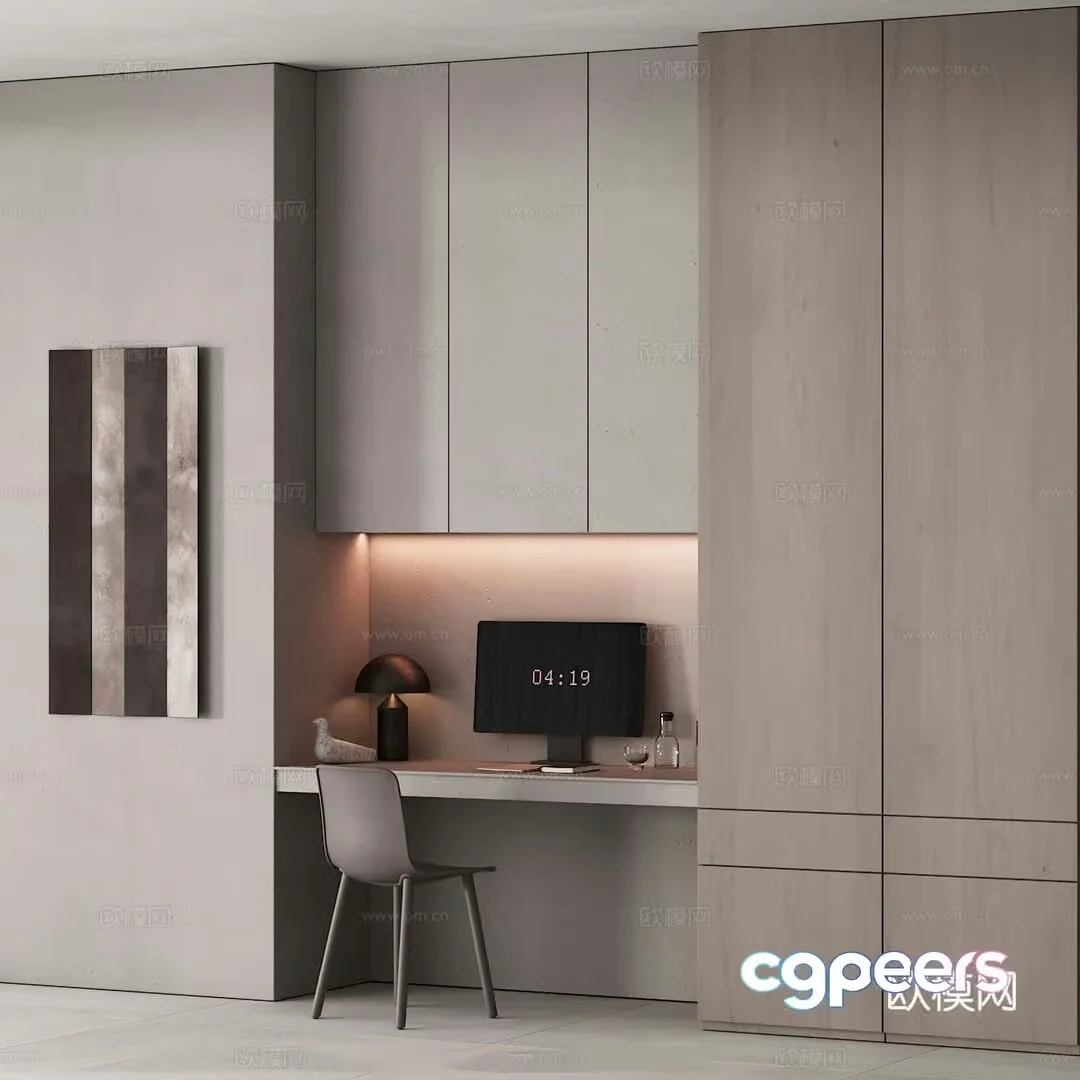 3d model of desk chair and cabinet