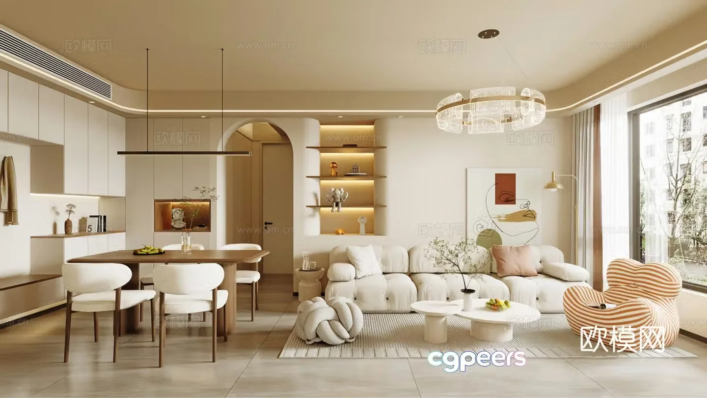 Modern cream home living room horizontal hall large flat living room 3d model