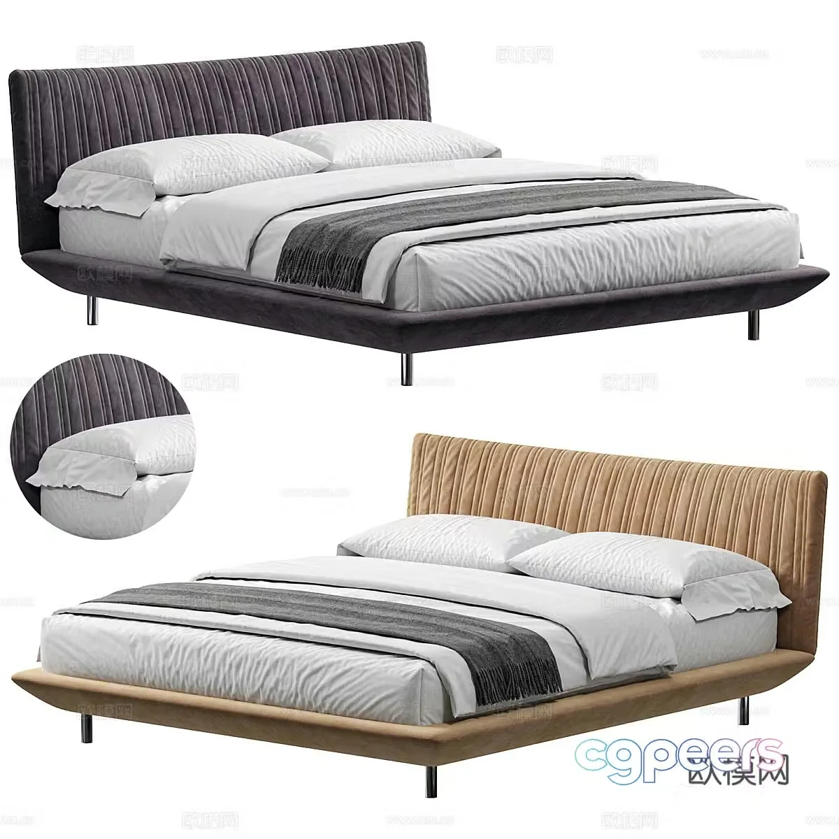 Modern minimalist fabric double bed 3D model