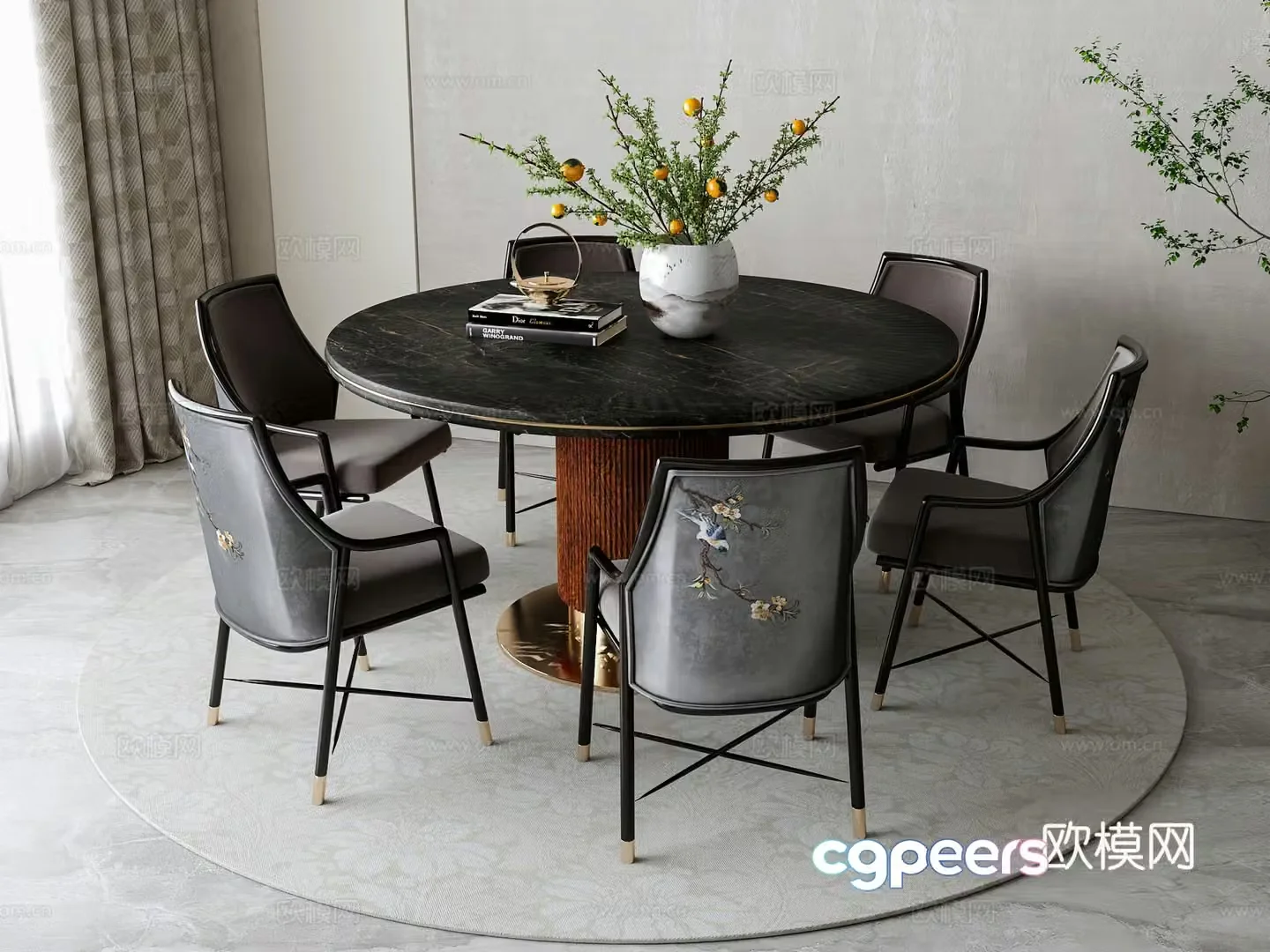 New Chinese style round dining table and chairs 3d model