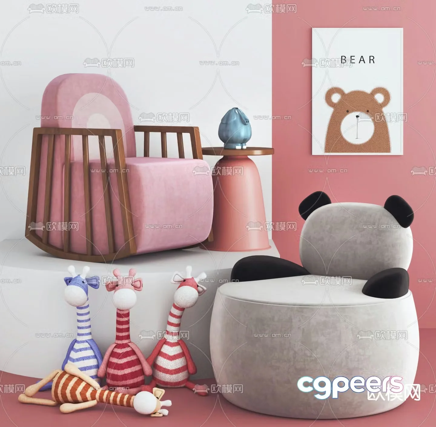Modern children’s low stool panda low stool 3d model