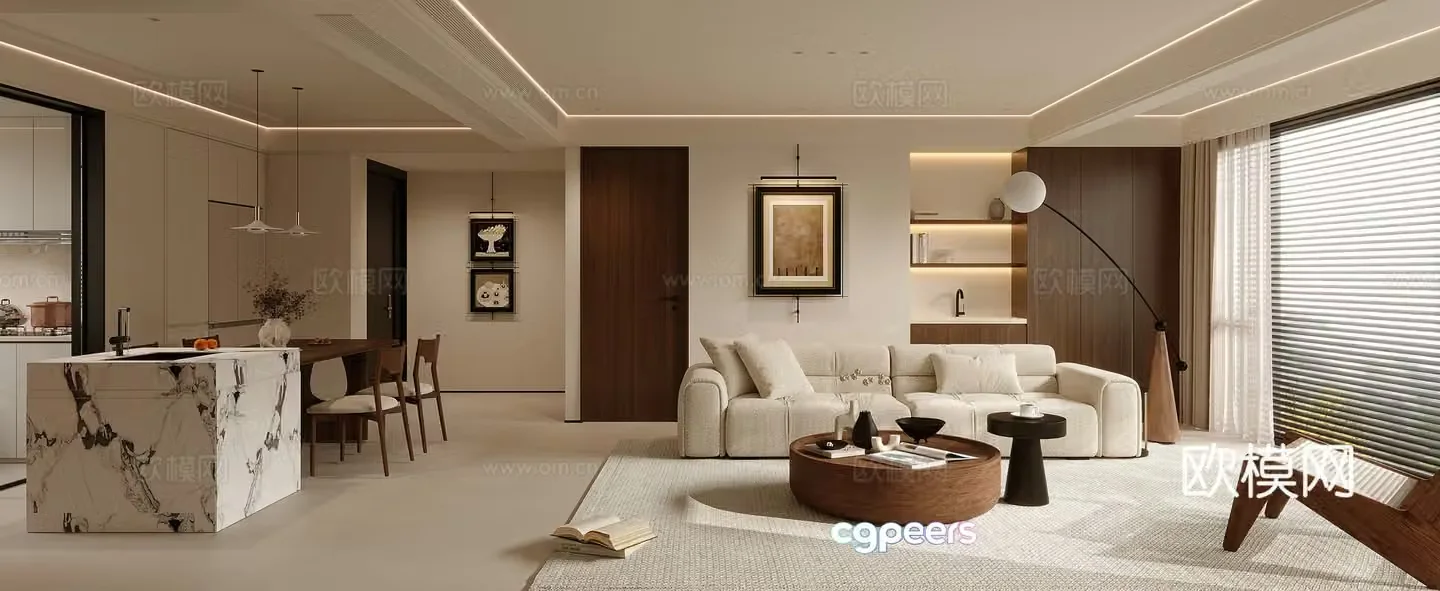 Modern Cream Living and Restaurant 3D Model
