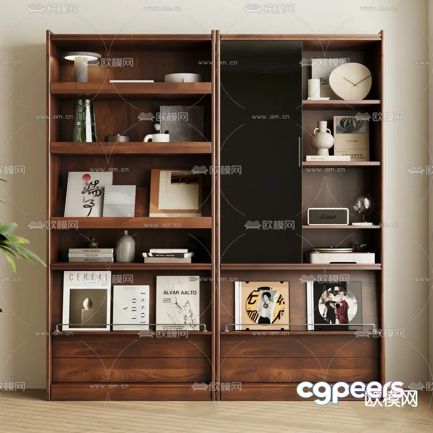 Middle-aged solid wood bookcase book jewelry ornaments 3D model