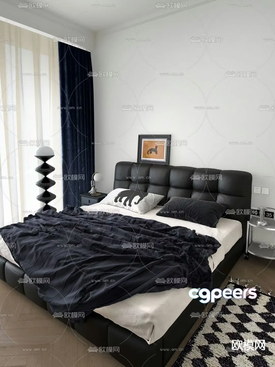 Dark style double bed 3d model