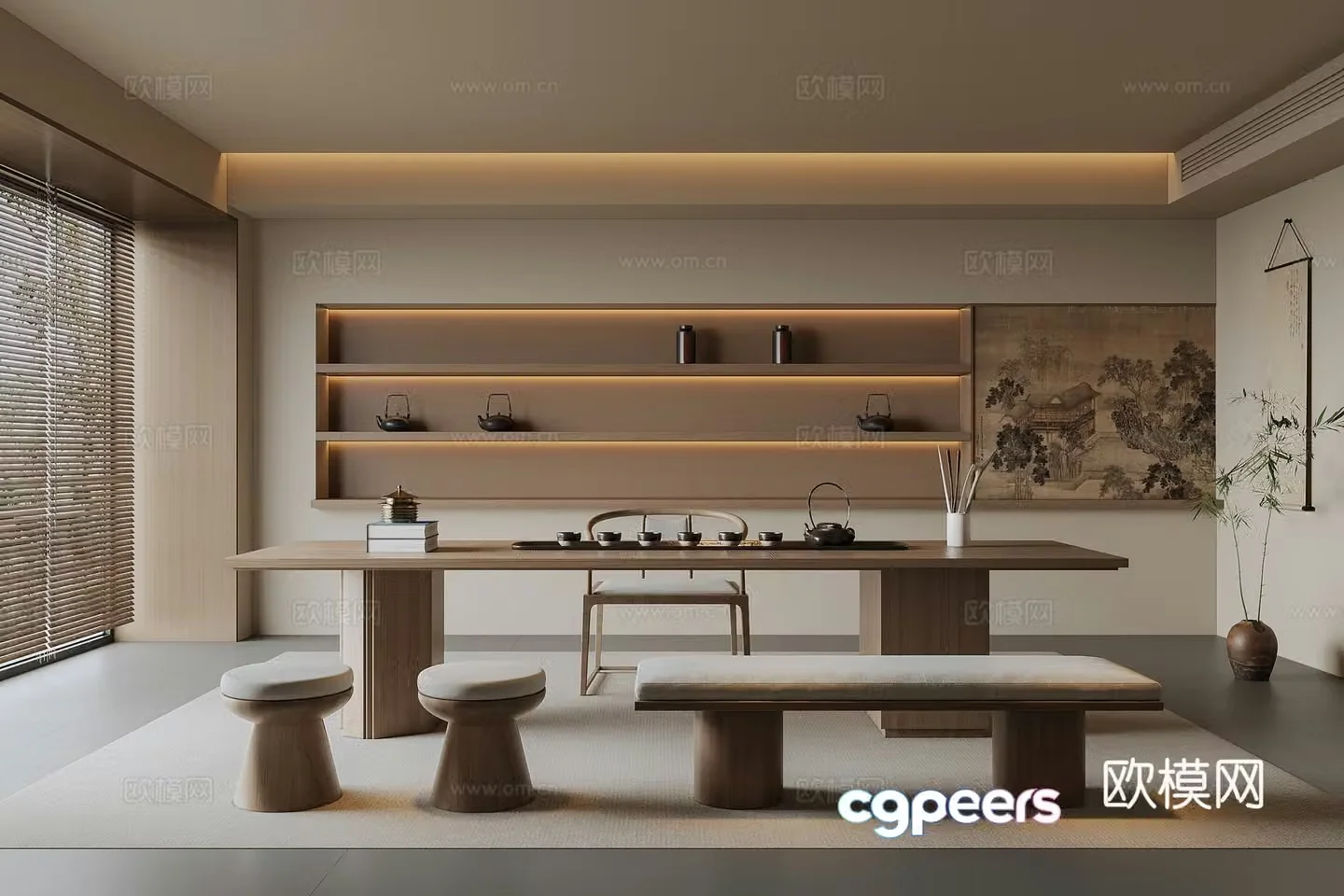 New Chinese-style tea room Song-style tea room Tea cabinet Tea table and chair Hanging painting 3D model