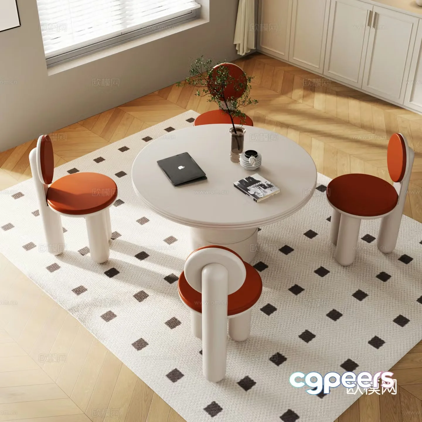 Restaurant French Cream Restaurant Dining Table Wine Cabinet 3D Model
