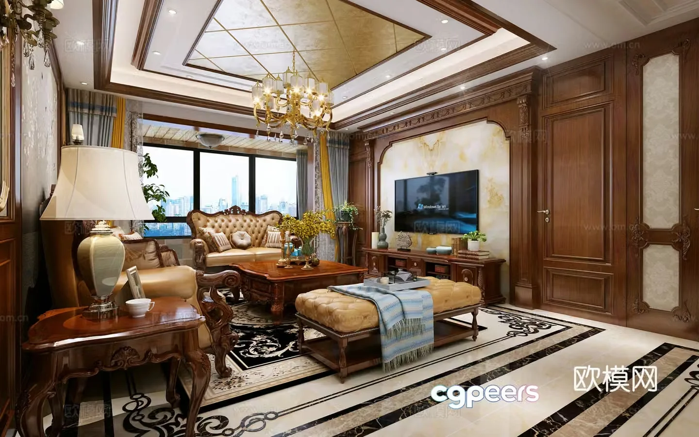 Traditional American style living and dining room sofa and coffee table dining table and chairs hanging paintings objects and ornaments 3D model