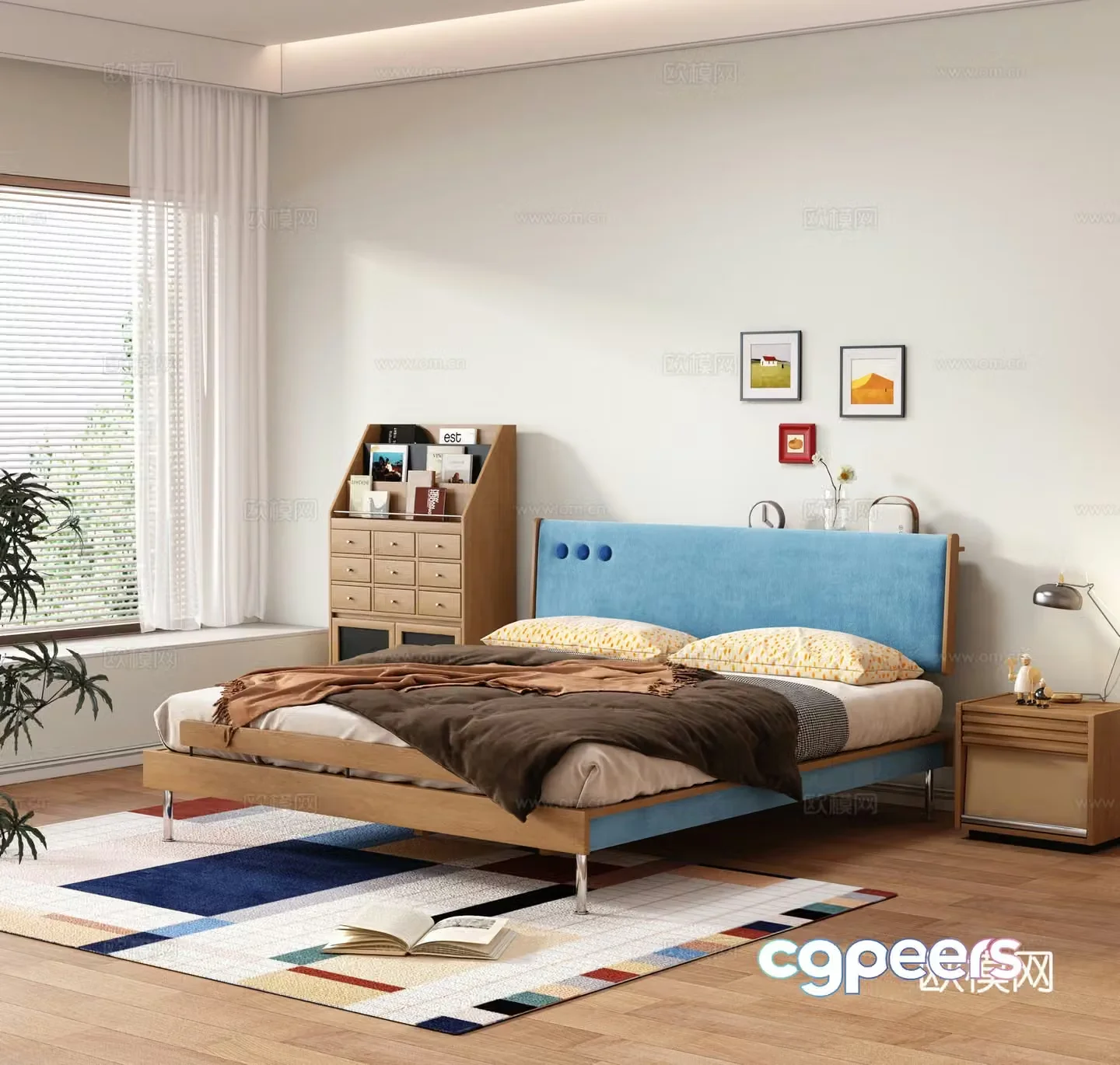 Modern Bahaus Double Bed Solid Wood Double Bed Medium Style Double Bed Solid Wood Bedside Table 3D Model
