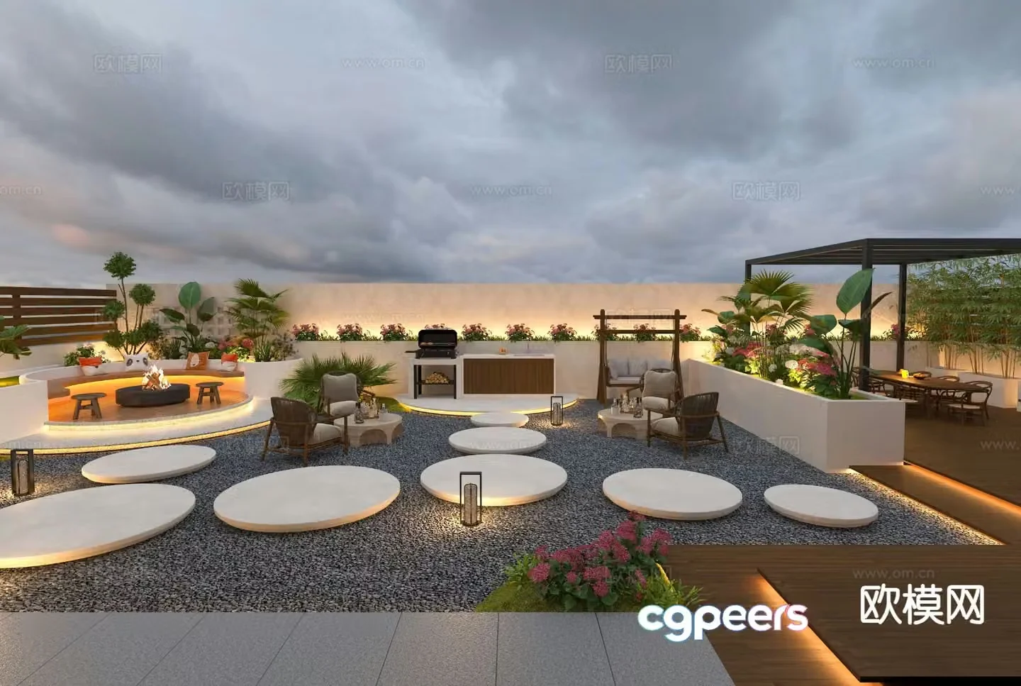 Modern rooftop courtyard landscape 3D model