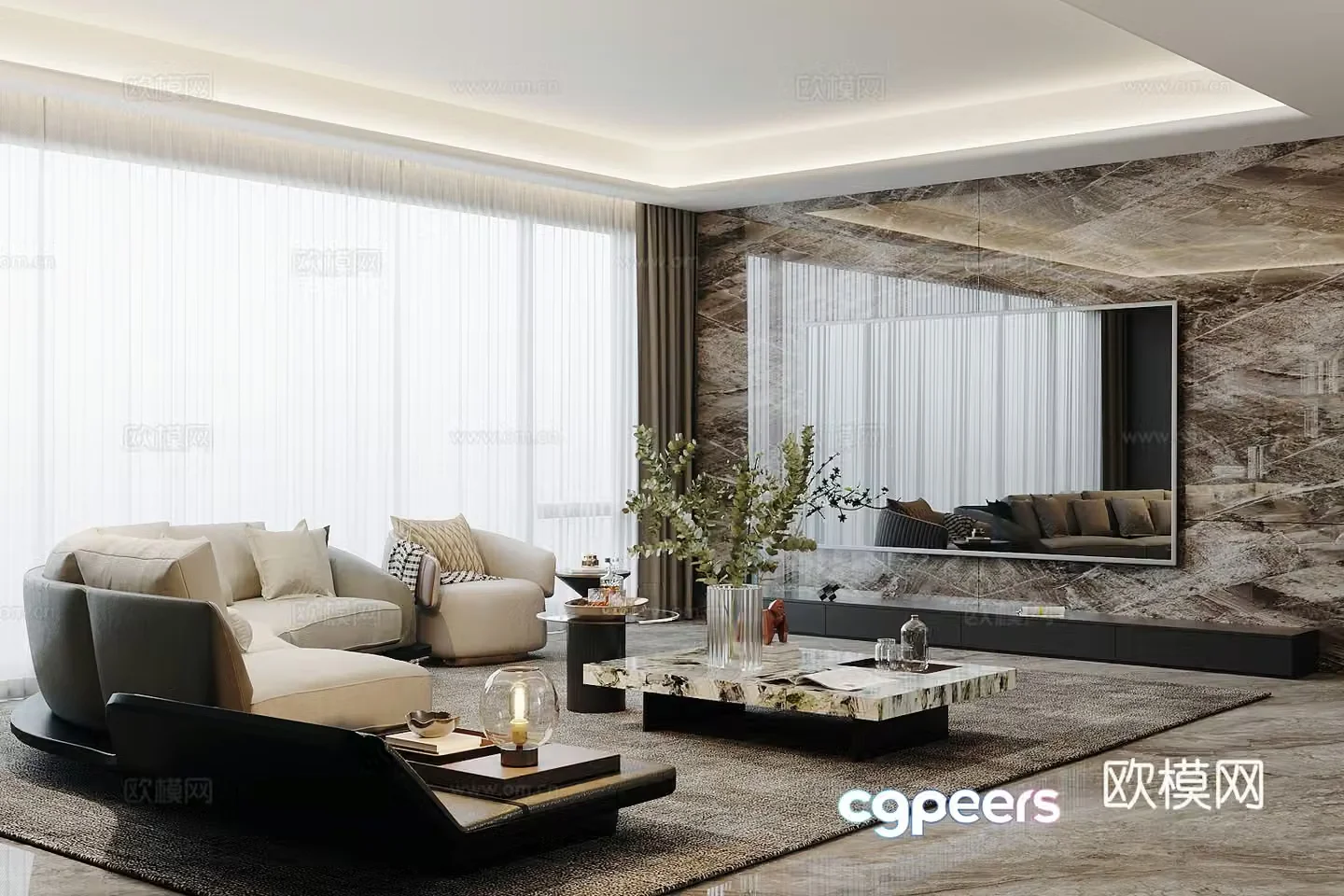 Light luxury Italian home living room high-end gray living room sofa and coffee table combination marble TV background wall 3D model