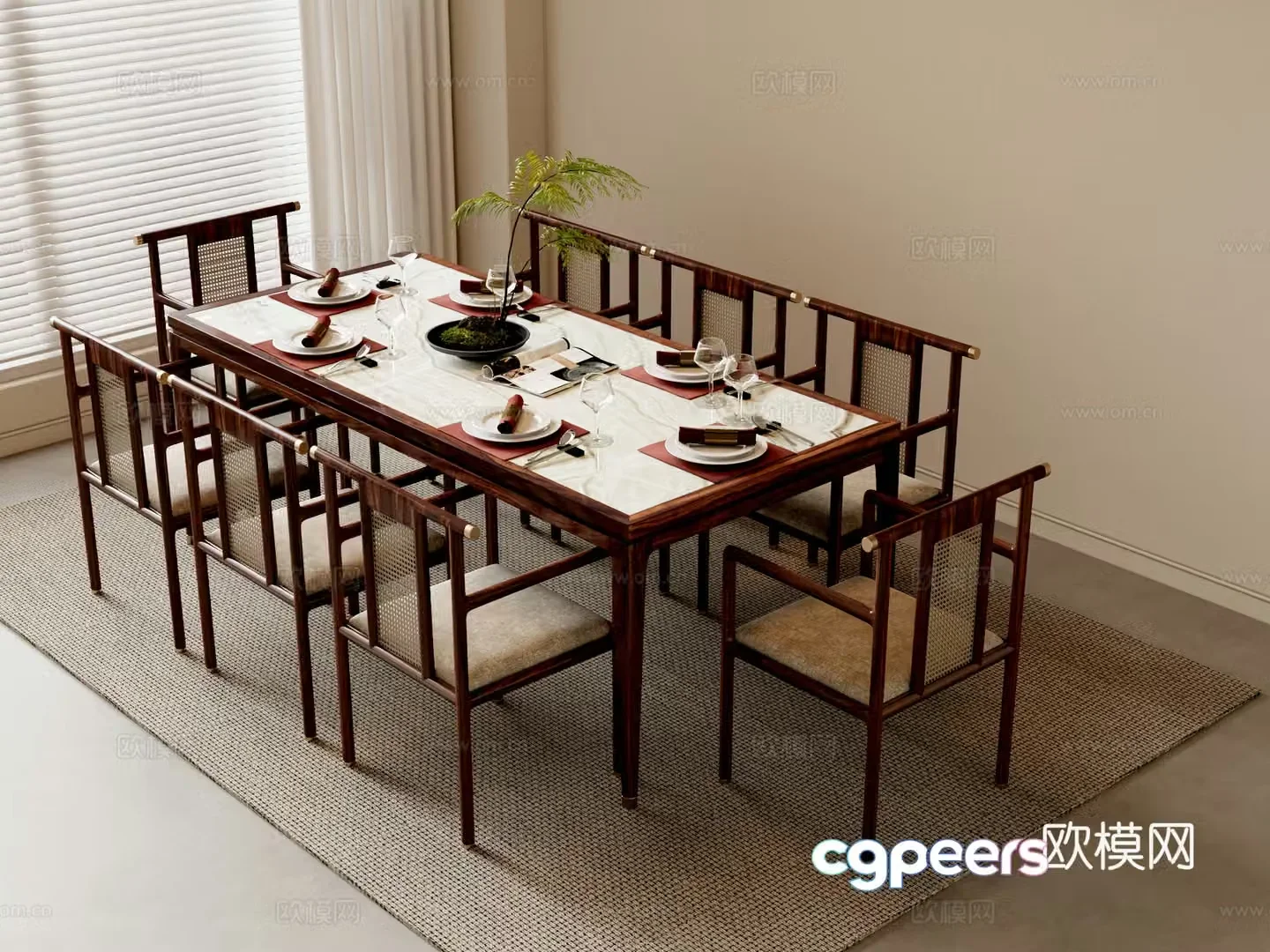 New Chinese style dining table and chairs mahogany furniture 3d model