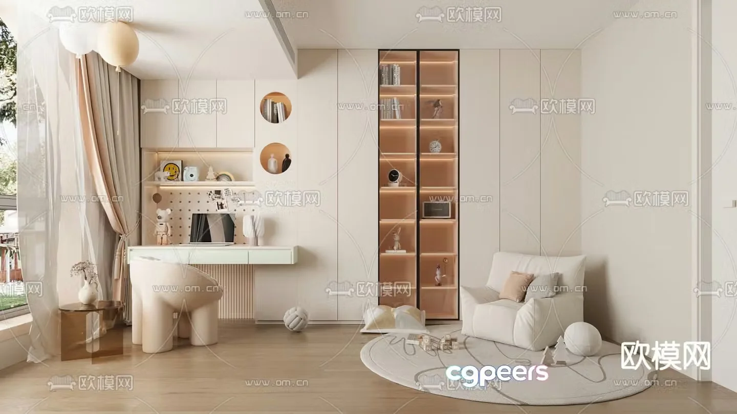 Cream style children’s cabinet bookcase study room 3D model
