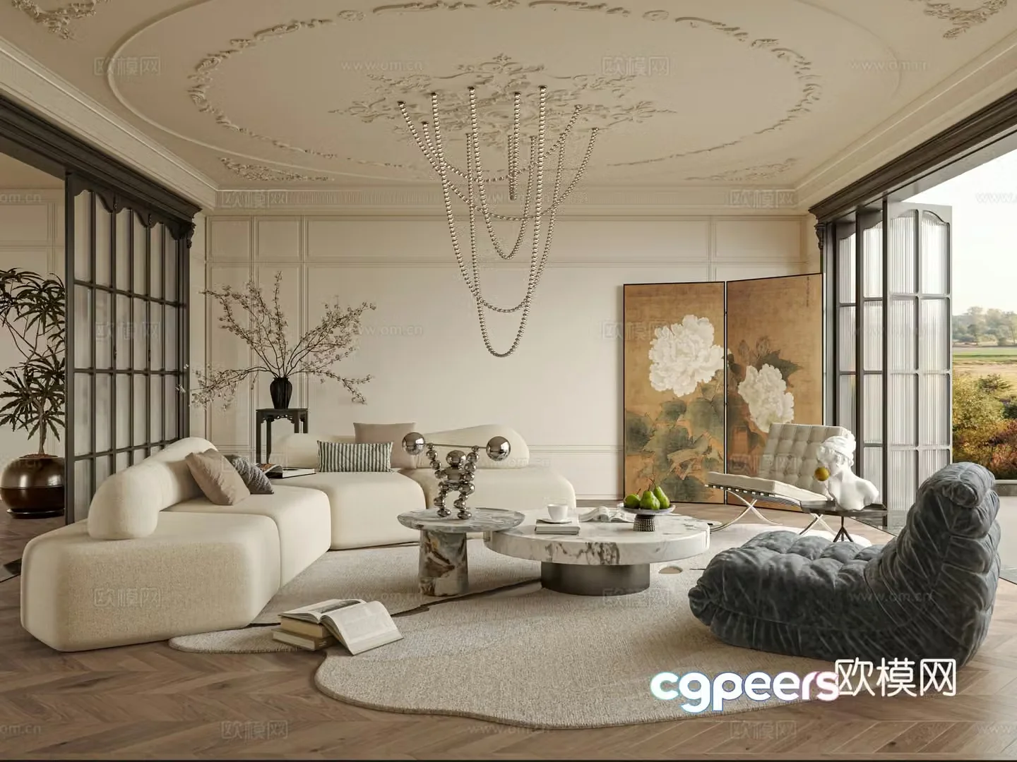 French medieval style living room sofa single chair coffee table 3D model